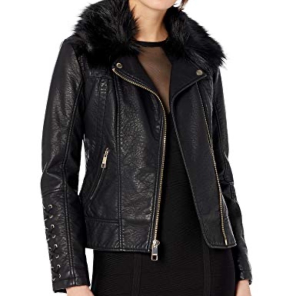 GUESS Ladies Short faux leather moto jacket with removable faux fur collar - Picture 1 of 11